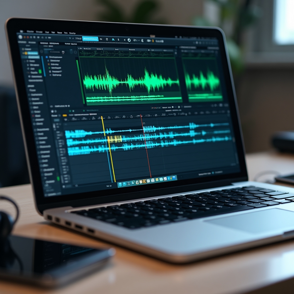 Audio editing software waveform view on a laptop screen showing podcast episode in progress