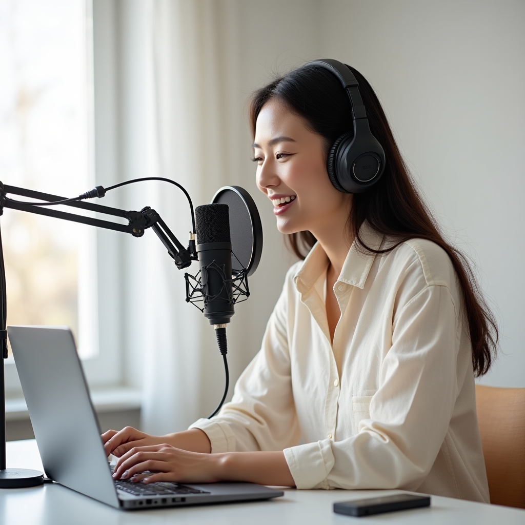 Creator recording a podcast episode at a home studio desk with headphones and microphone