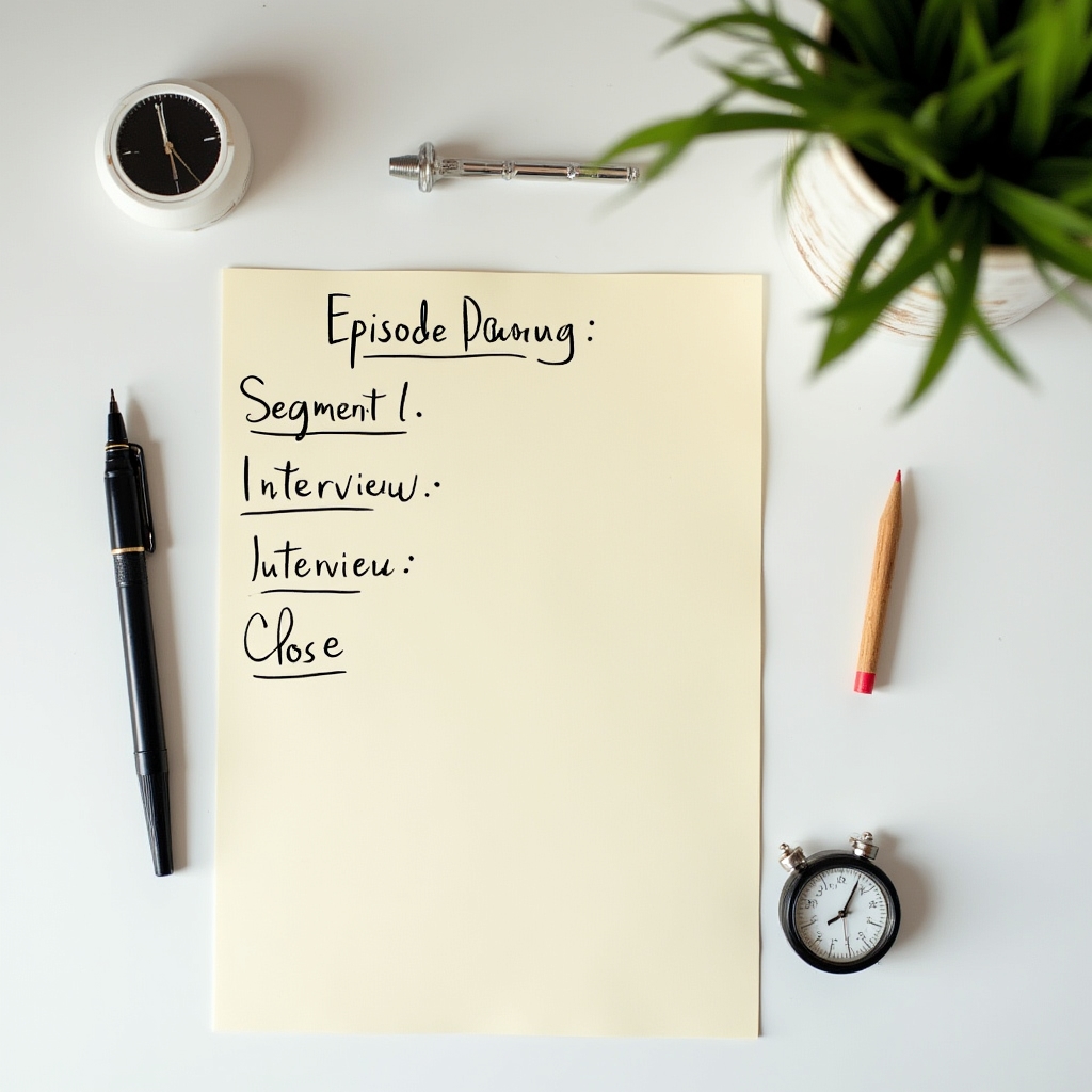 Podcast episode structure planning notes on paper with outline sections and timing markers