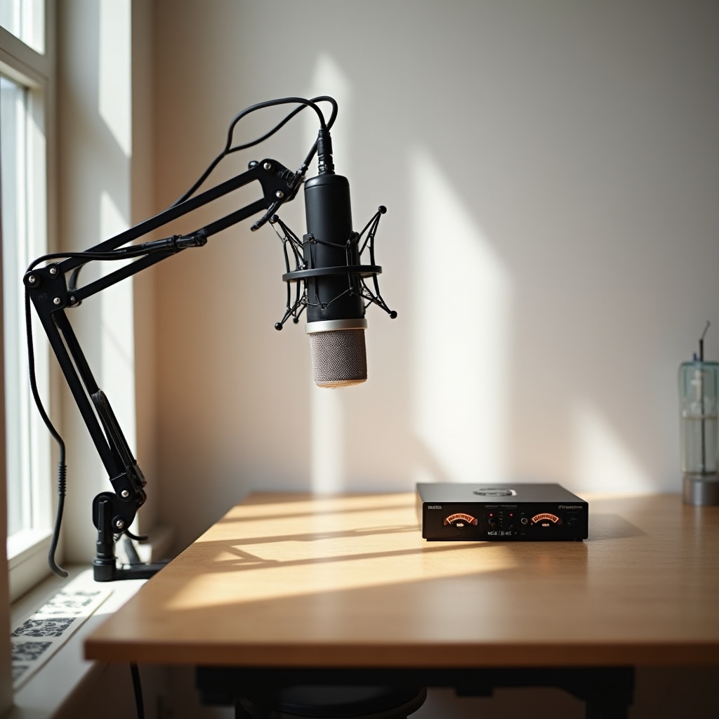 Home studio microphone setup with audio interface on a clean desk