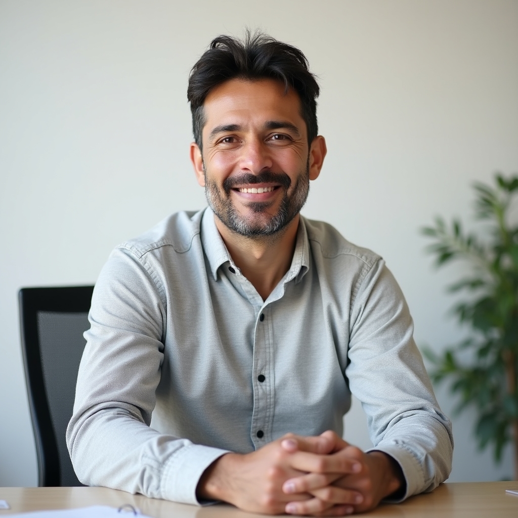 Male distribution specialist in his late 40s, Latino, wearing a light grey shirt, seated at a minimal desk with a relaxed confident posture