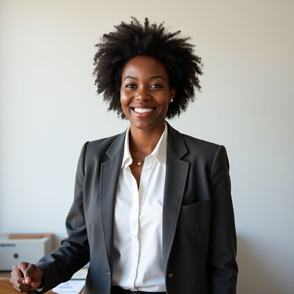 Female storytelling editor in her early 40s, Black, wearing a charcoal blazer, standing in front of a minimal white wall with a warm expression