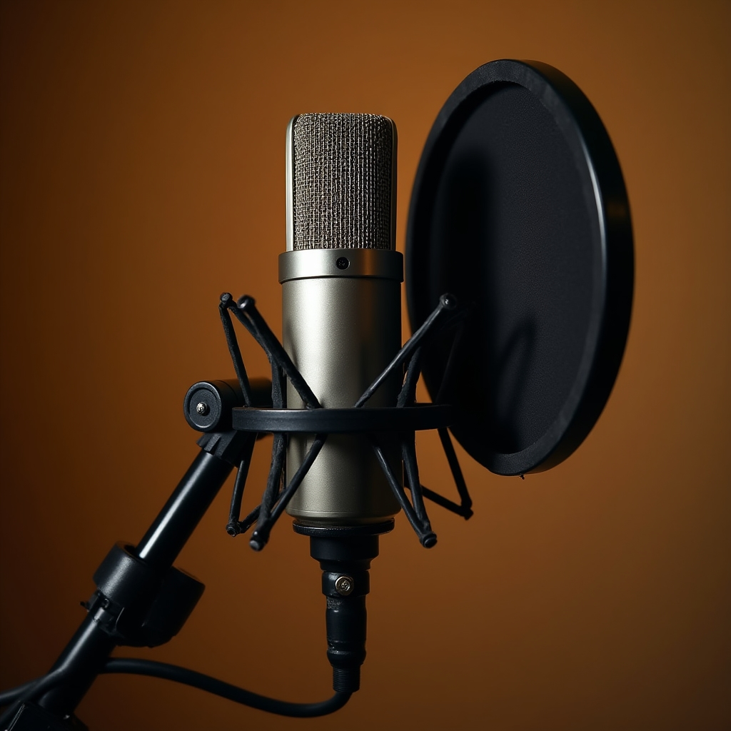 Close-up of a condenser microphone with proper positioning for podcast recording