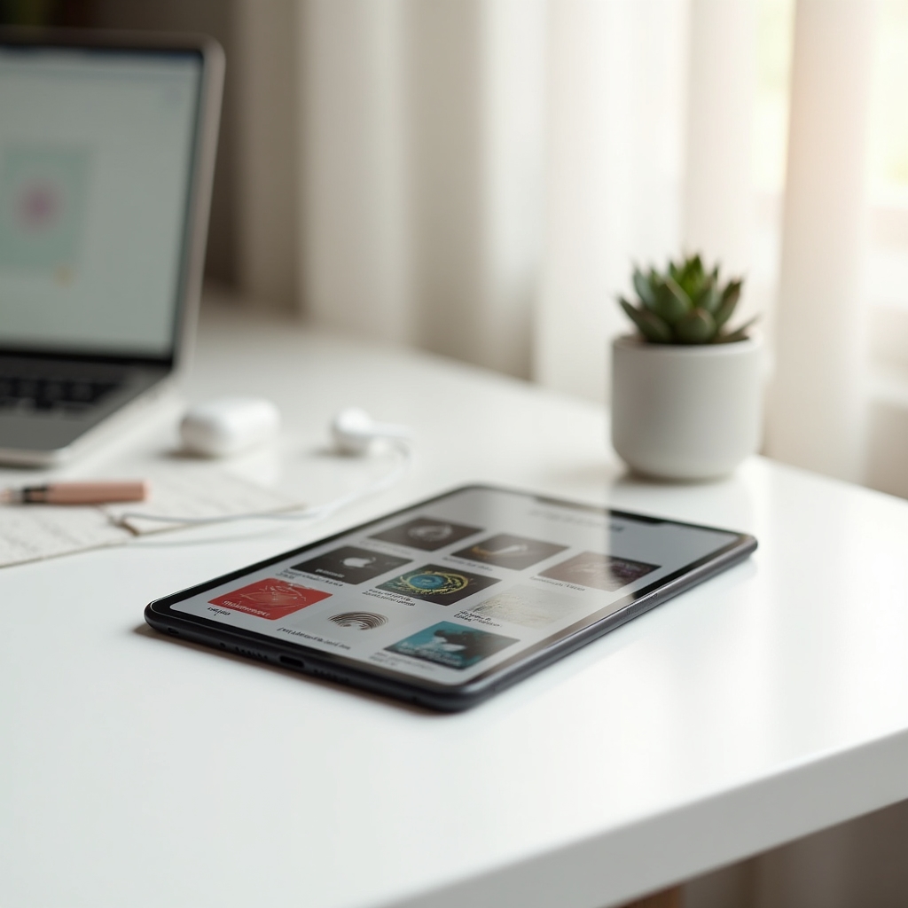 Multiple streaming platform icons displayed on a tablet screen representing podcast distribution channels