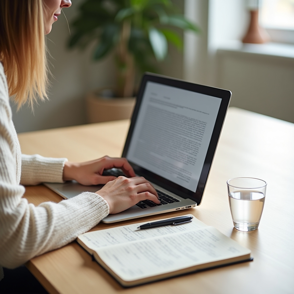 Person writing podcast show notes on a laptop at a clean minimal desk with a small notebook beside them